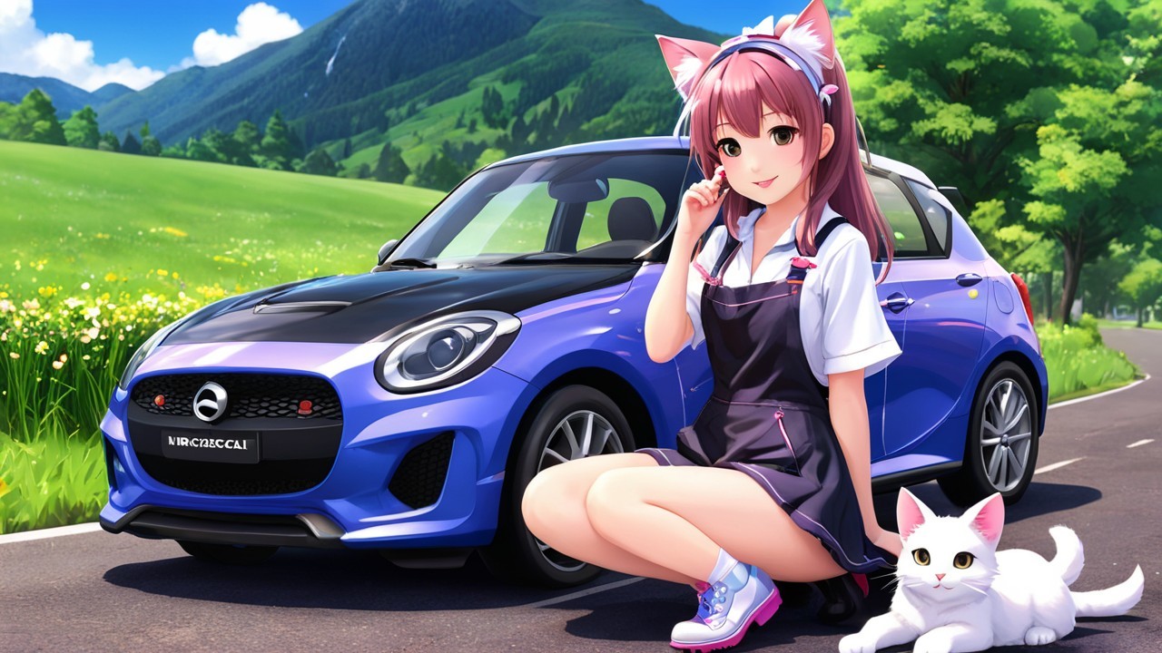 Cheerful Anime Girl with Cat Ears and Blue Car Scene