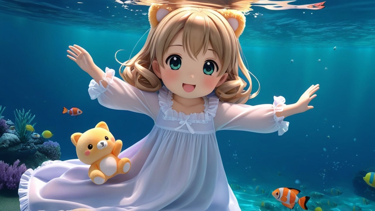 Cheerful anime girl swimming with teddy bear underwater