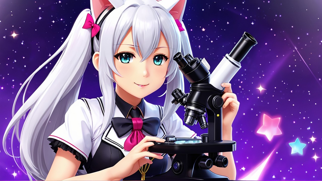 Young girl with silver hair and microscope in night sky