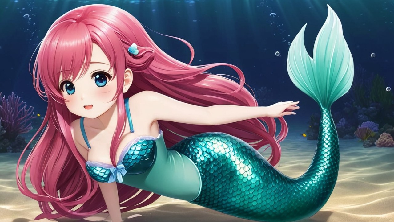 Vibrant Underwater Scene with Whimsical Mermaid