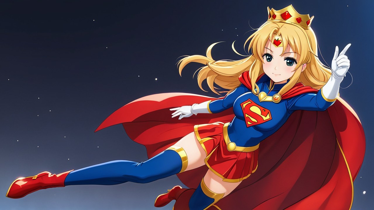Superheroine in Blue and Red Costume with Crown