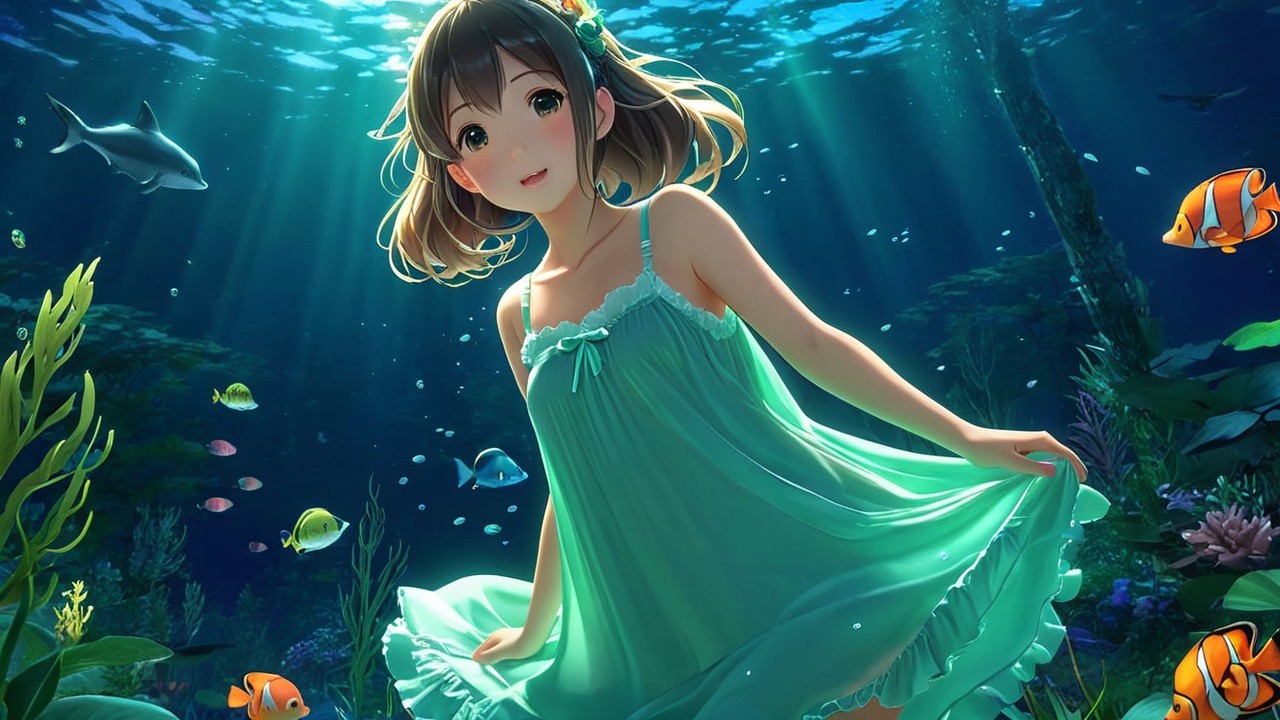 Underwater Scene with Girl in Green Dress and Fish
