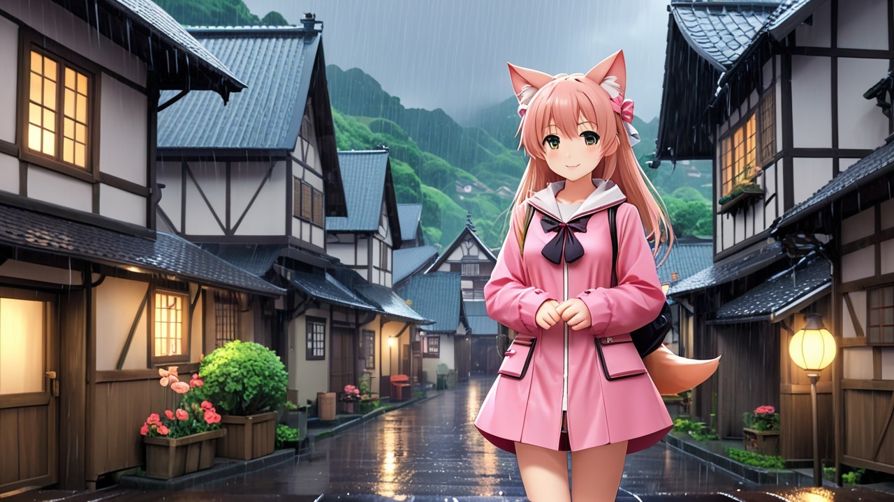 Anthropomorphic girl in pastel coat on cobblestone street