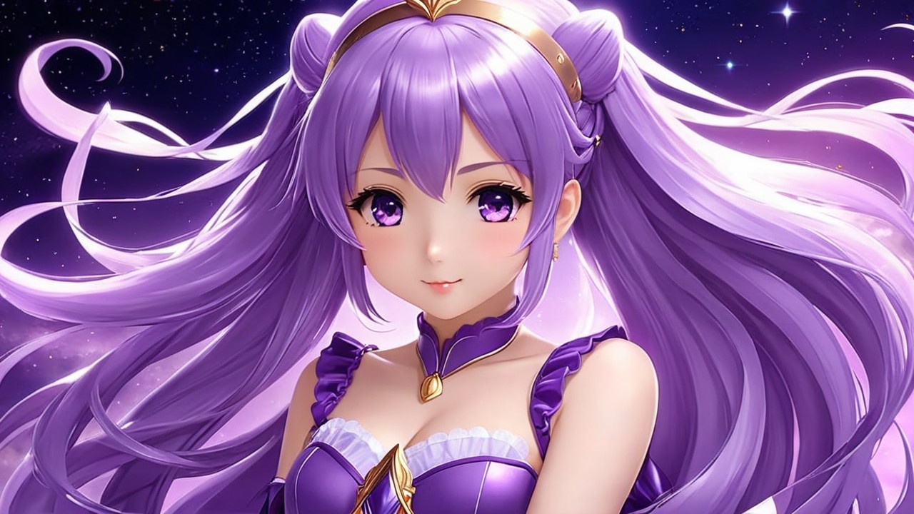 Anime Character with Purple Hair and Celestial Theme