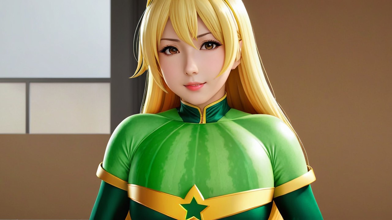Cheerful Character in Vibrant Green and Gold Costume
