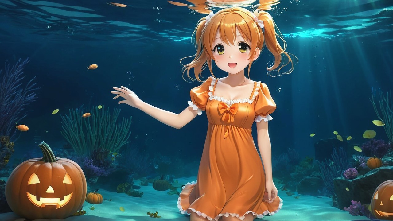Underwater Character with Orange Hair and Pumpkins