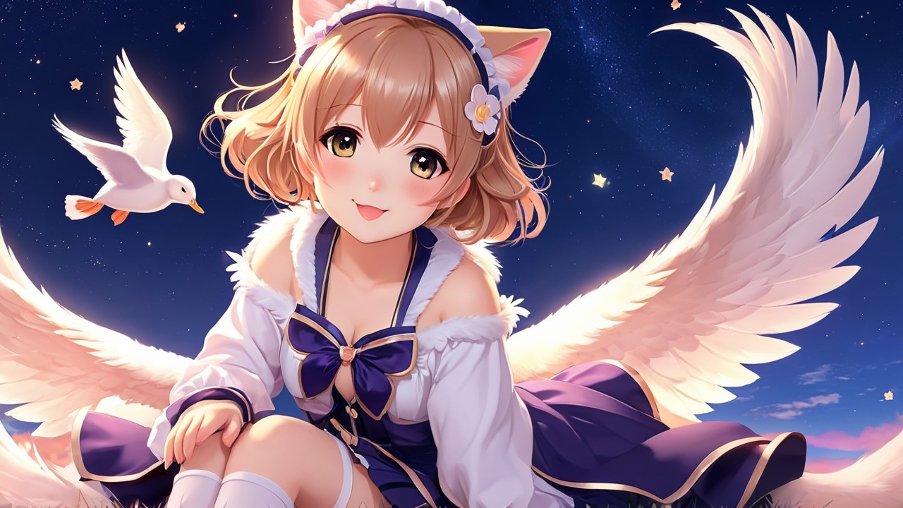Cute Anime Girl with Cat Ears and Angel Wings