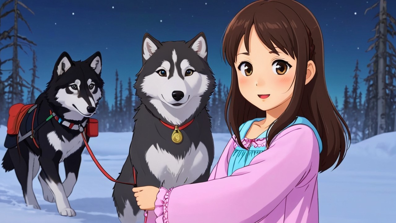 Young girl in pink nightgown with huskies in snow