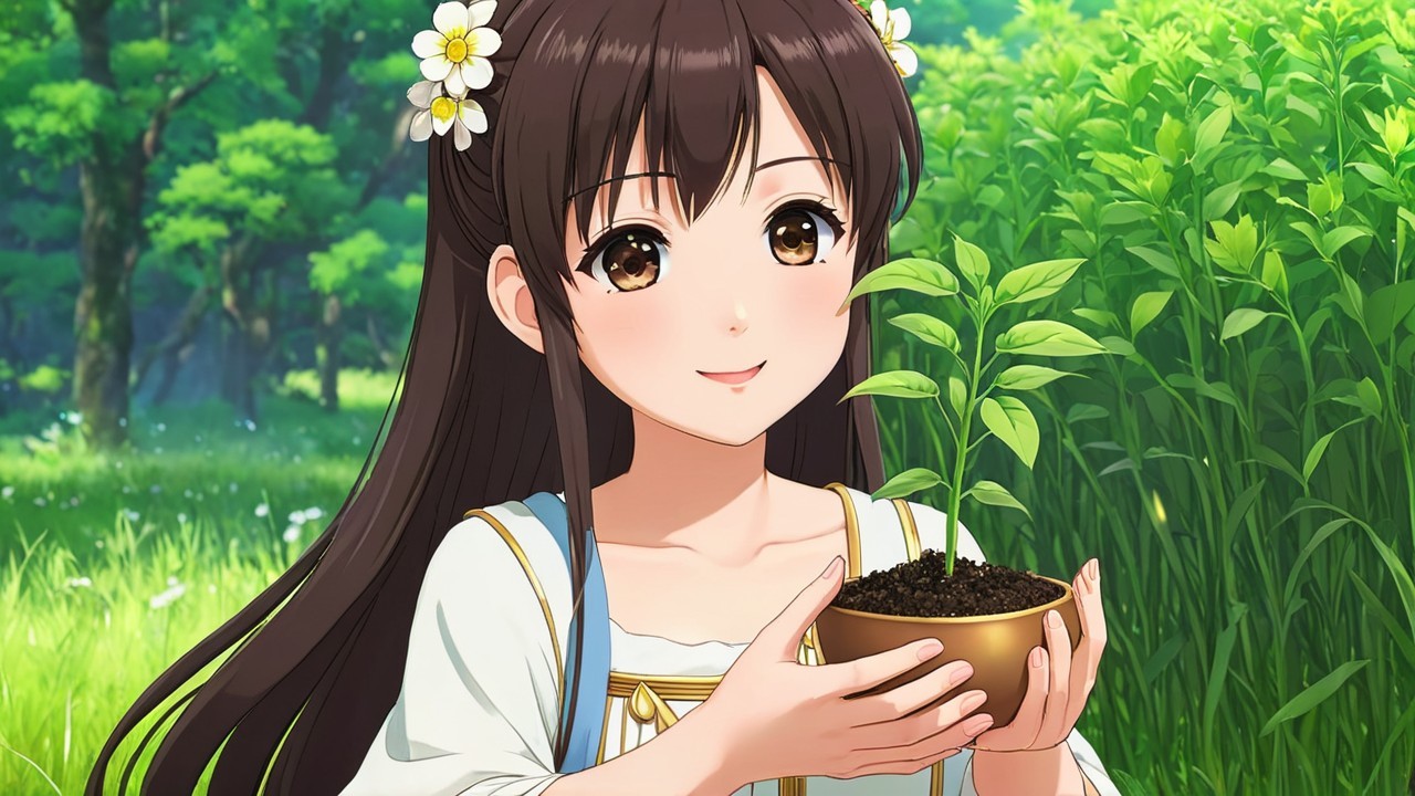 Young girl with daisies and budding plant in forest