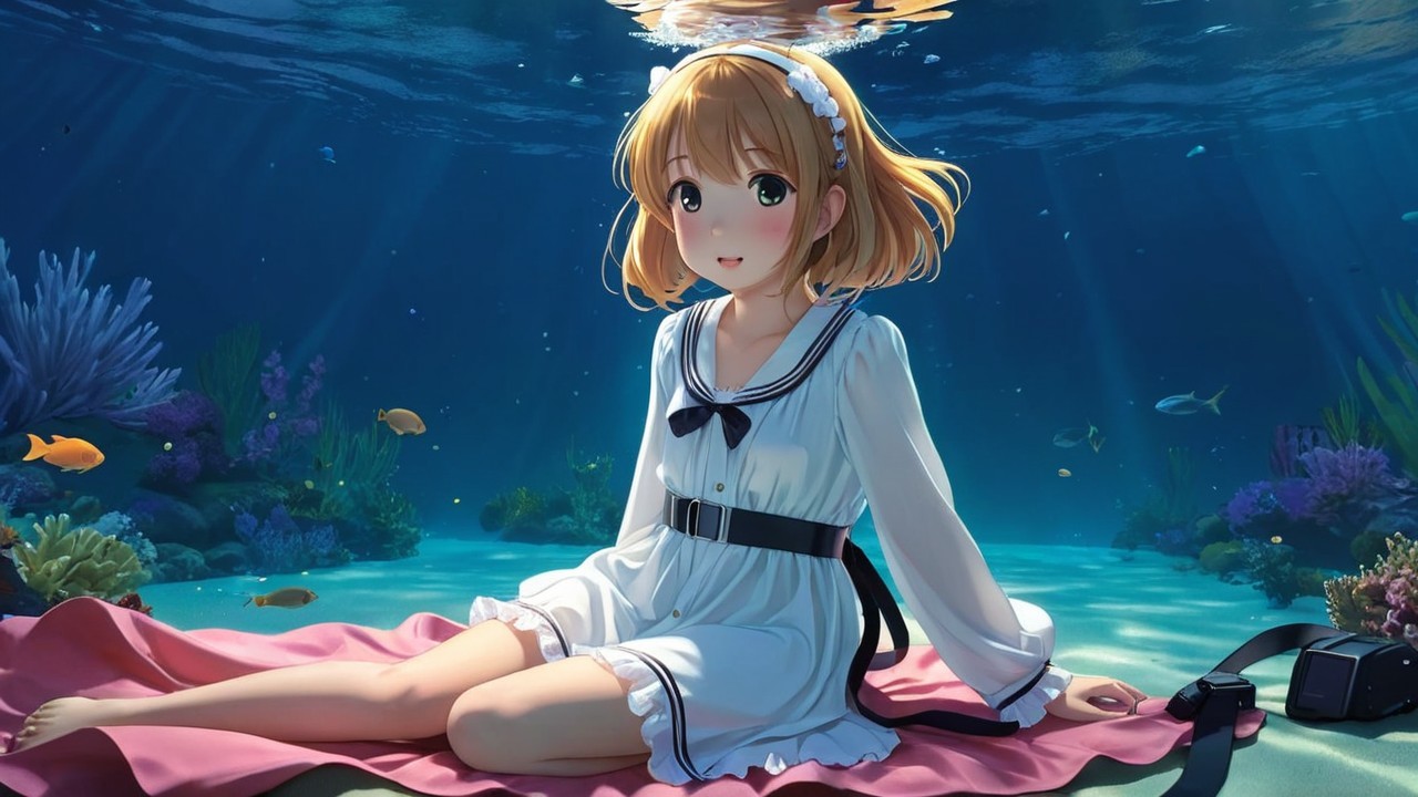 Young girl underwater amidst coral and colorful fish