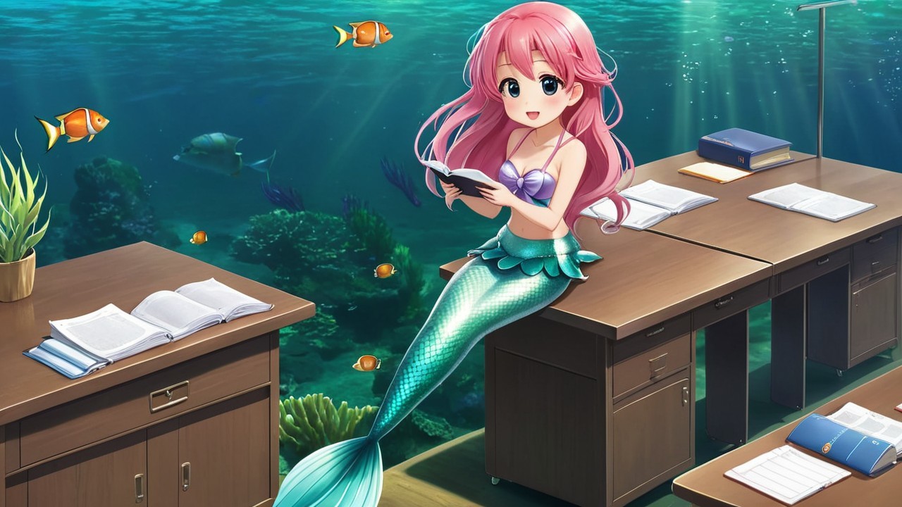 Whimsical Underwater Classroom with a Cheerful Mermaid