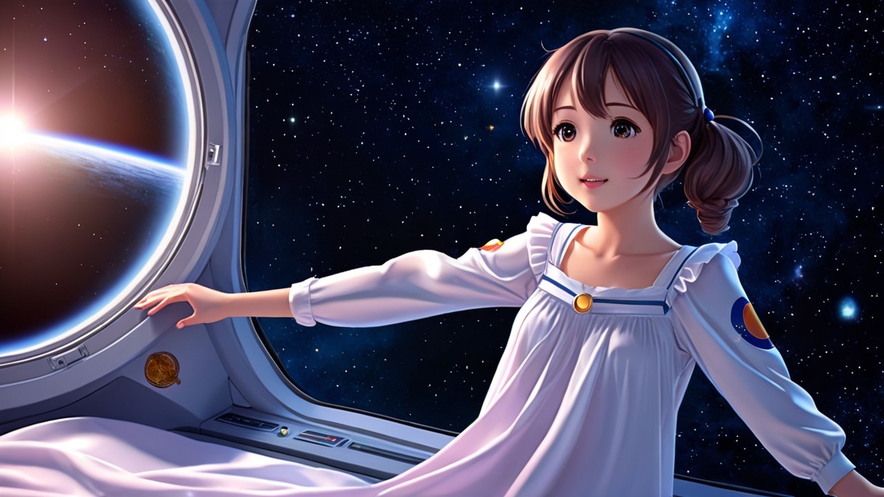 Young girl in nightgown gazes at Earth from spaceship