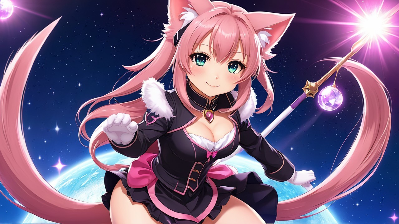 Anime girl with pink hair in cosmic setting