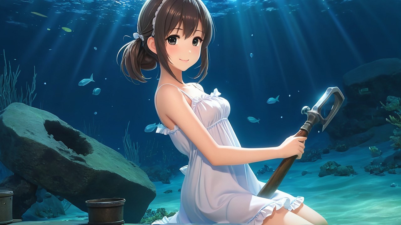 Young girl underwater with marine life and sunlight
