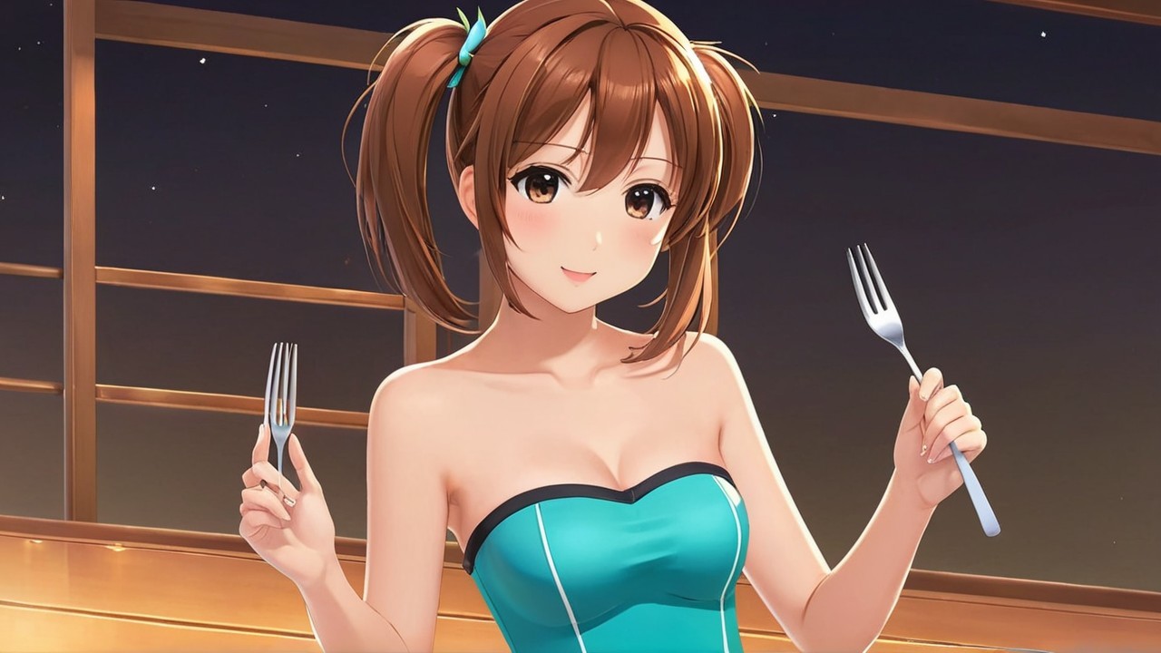 Cheerful woman in turquoise dress with playful expression