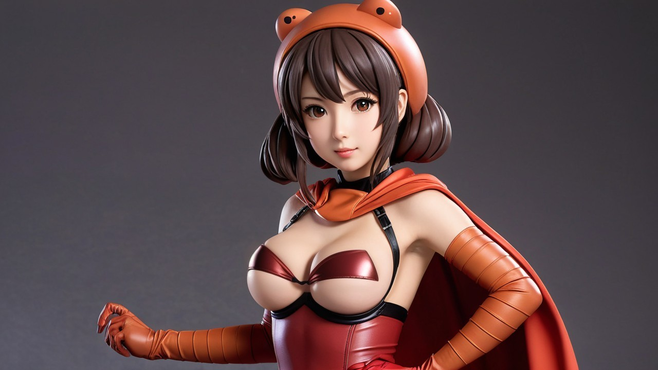 Stylized Female Character in Red Outfit with Frog Headpiece