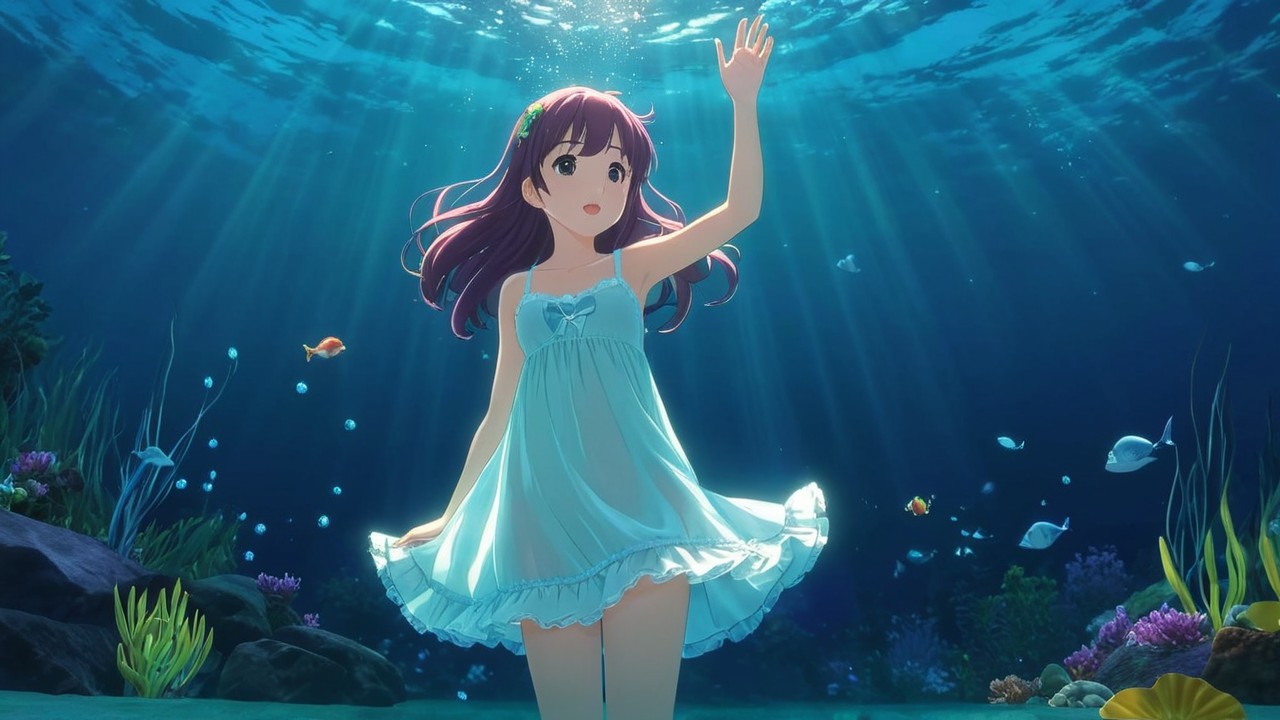 Young girl in blue dress in vibrant underwater scene