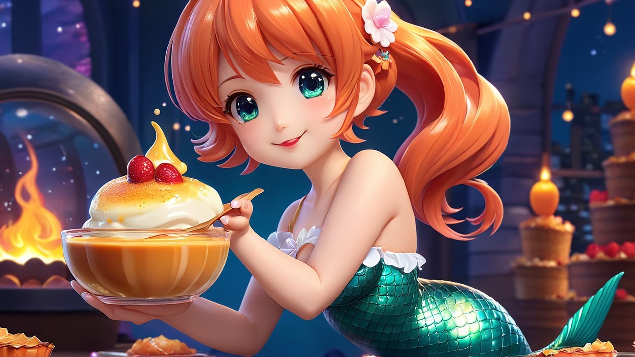 Whimsical Mermaid in Cozy Kitchen with Dessert