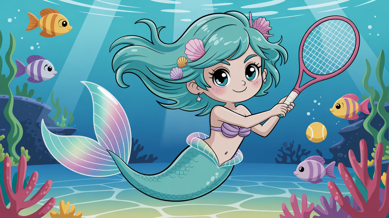 Mermaid with Aqua Hair and Tennis Racket Underwater