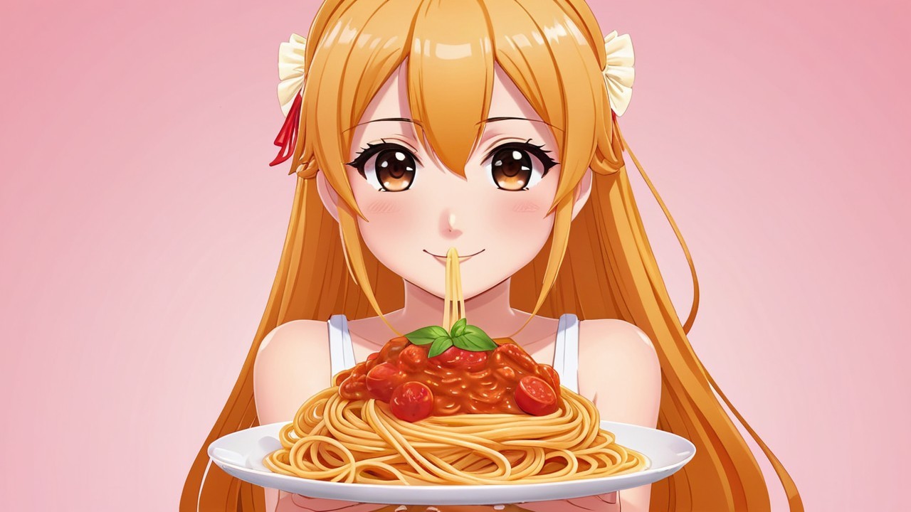 Cheerful anime girl with spaghetti on a pink background