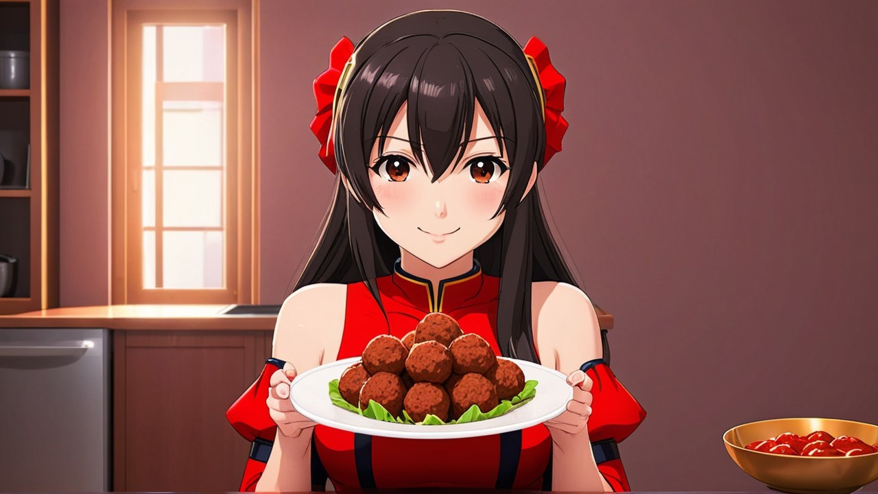 Cheerful girl in red outfit presents meatballs in kitchen