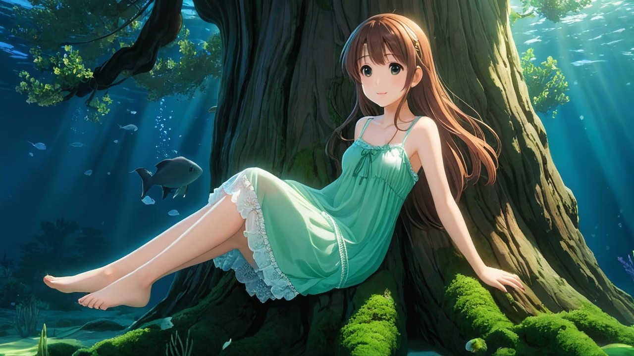 Underwater Scene of a Girl by a Tree Roots
