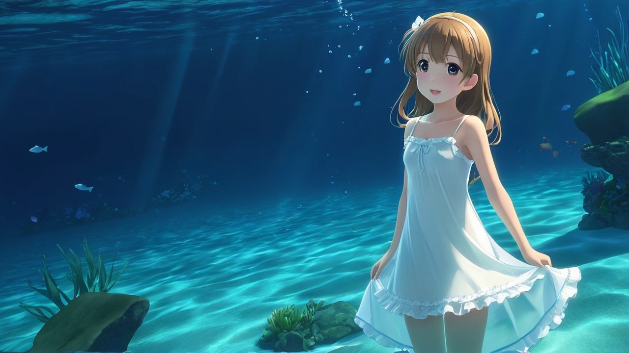 Cheerful anime character in serene underwater scene