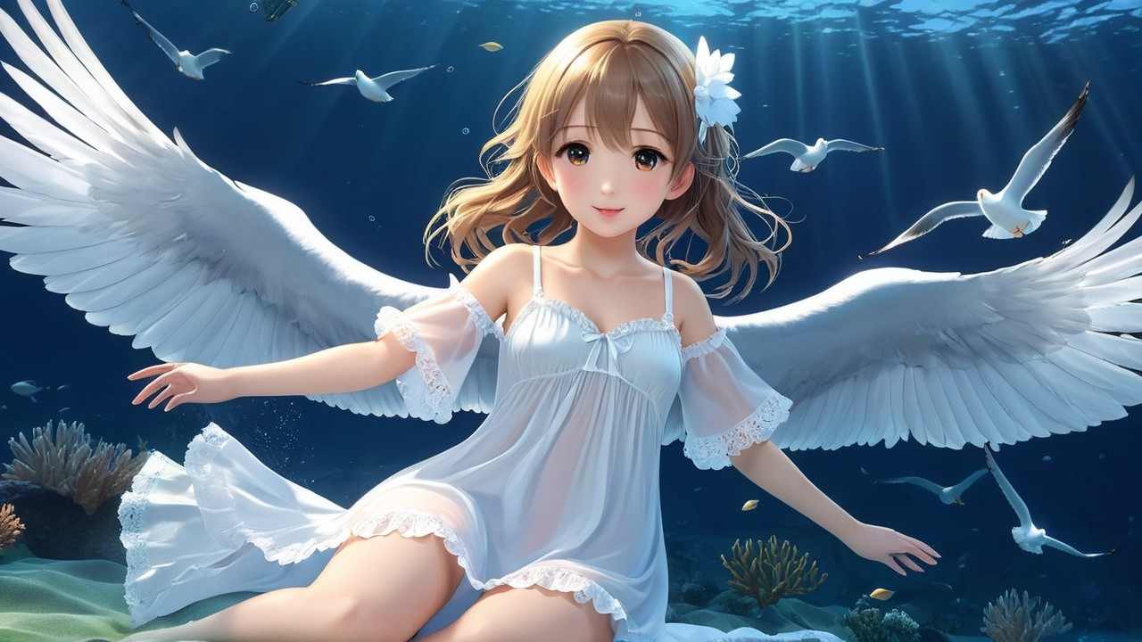 Underwater Scene with Girl and Aquatic Life