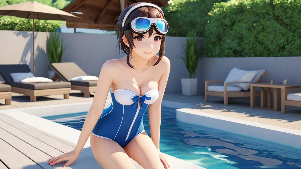 Cheerful anime character in blue swimsuit by pool