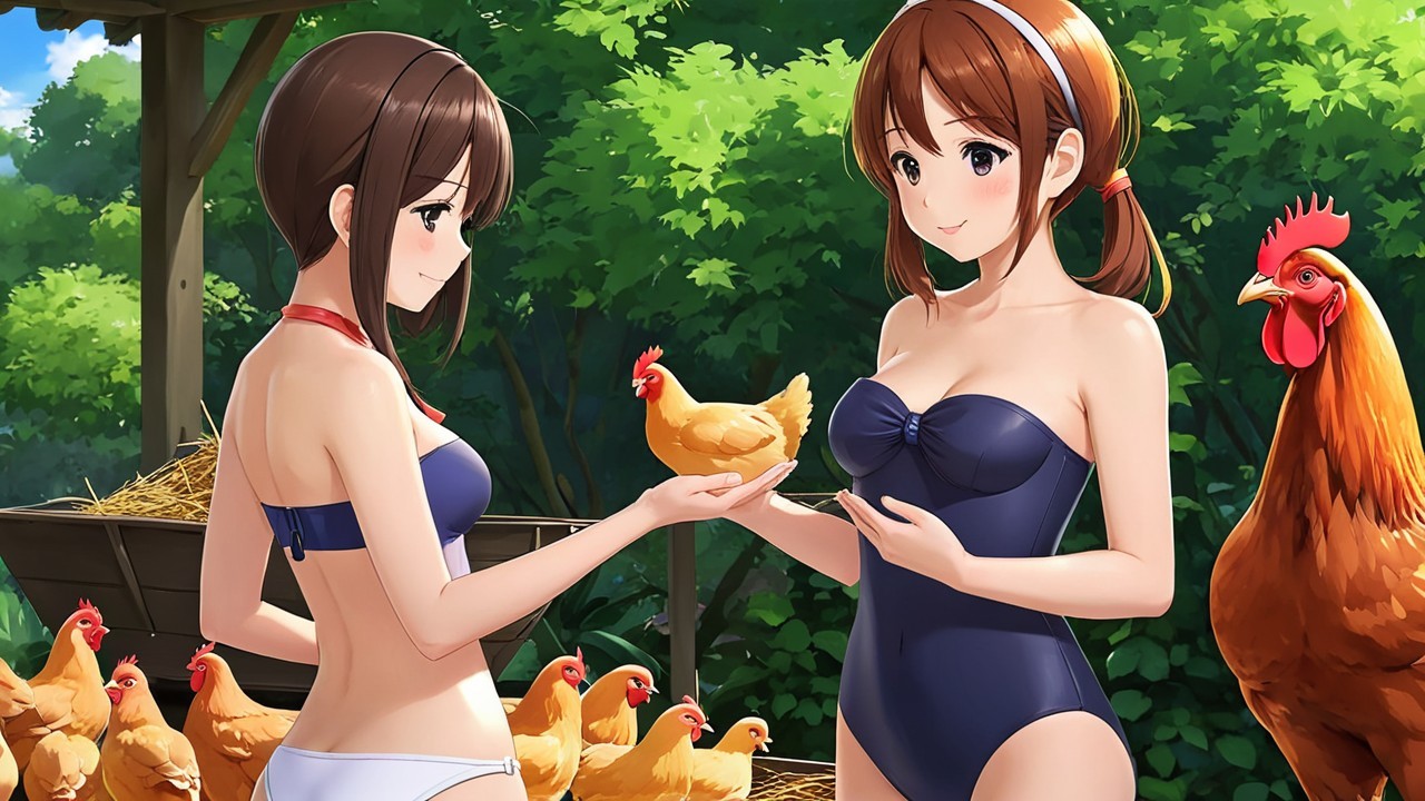 Young Women in Swimsuits at Sunny Farm with Chickens