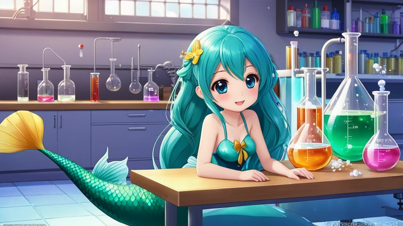 Mermaid in a Colorful Laboratory with Bubbling Potions
