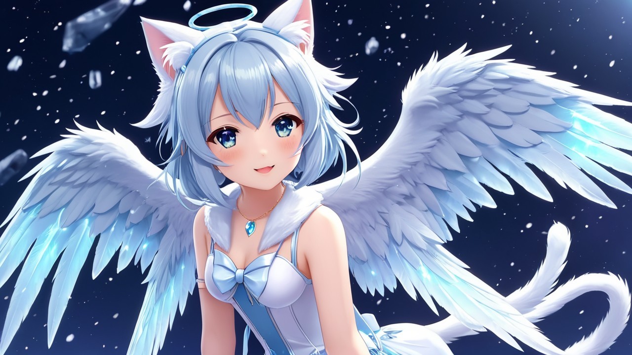 Whimsical anime character with blue hair and wings