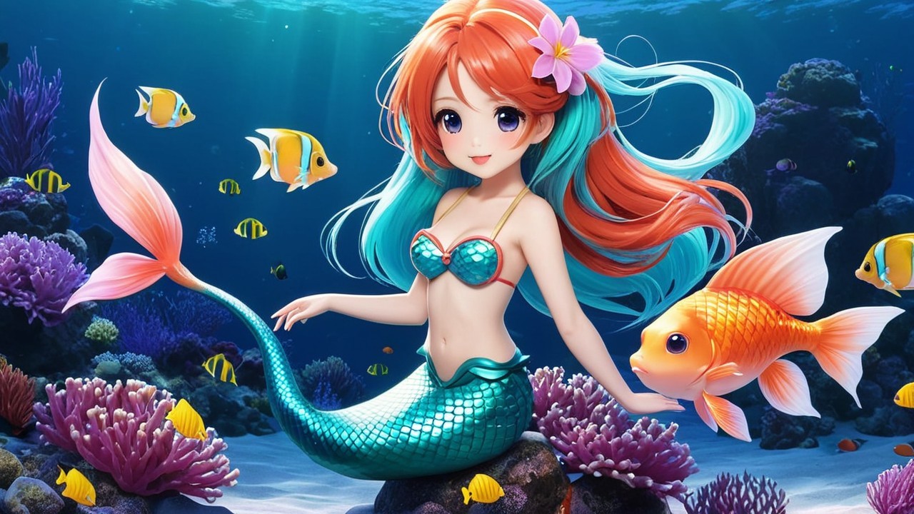 Vibrant Underwater Scene with Cheerful Mermaid
