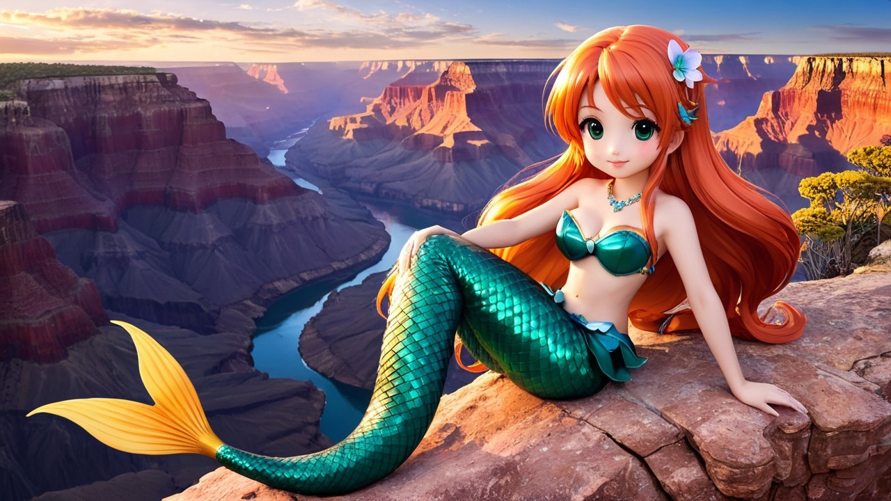Mermaid on a Rocky Ledge Overlooking Grand Canyon
