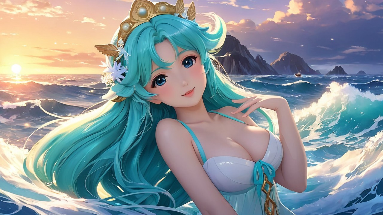 Serene Ocean Scene with Anime Character at Sunset