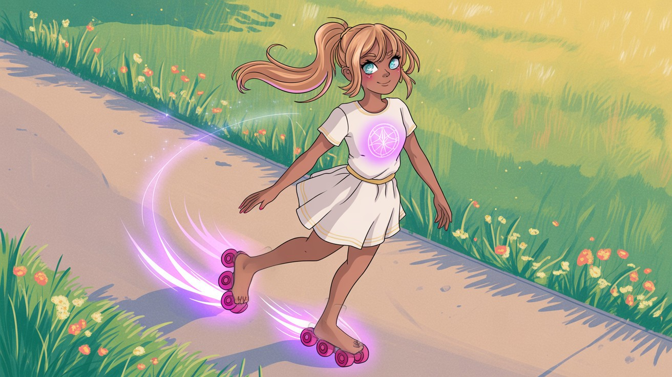 Anime-style girl roller skating on a tan pathway