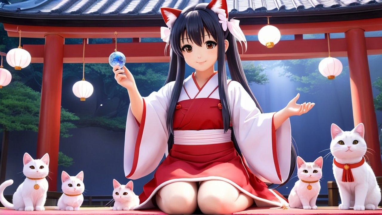 Young Girl in Traditional Attire Surrounded by Cats