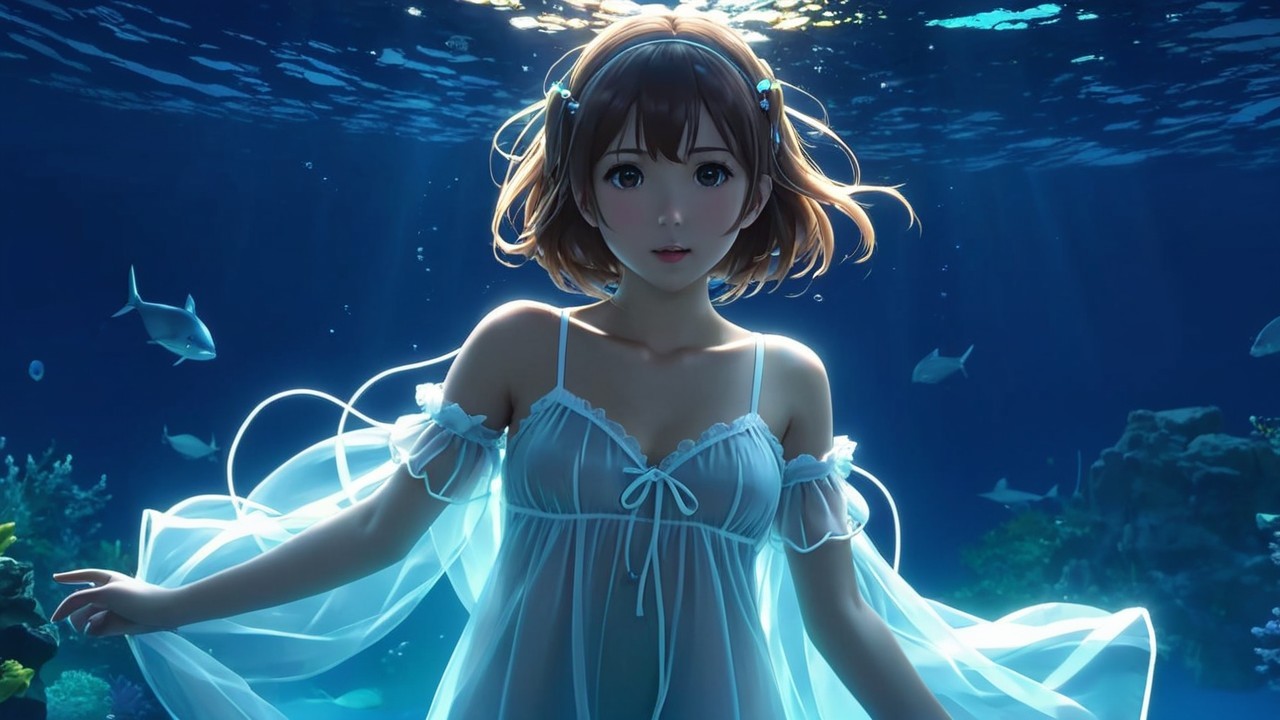Underwater Scene with Woman in Translucent Dress
