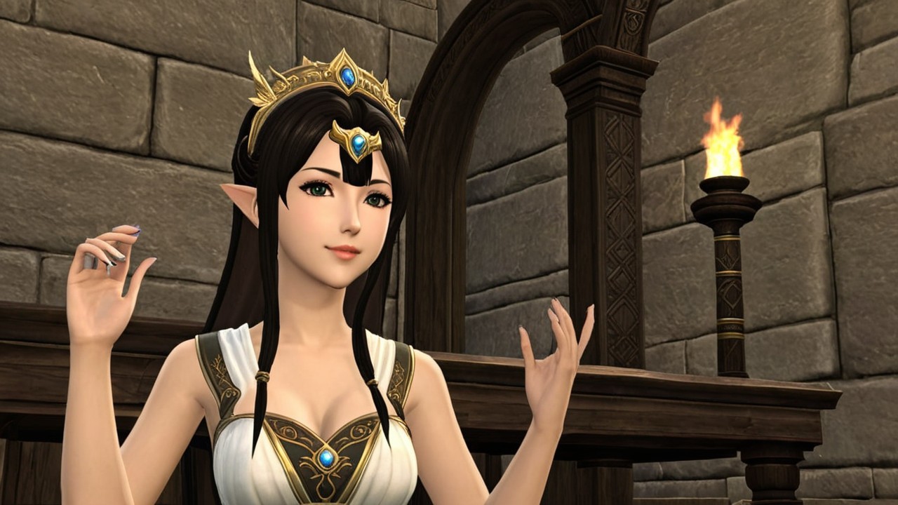 Elegant Character in White Gown with Golden Crown
