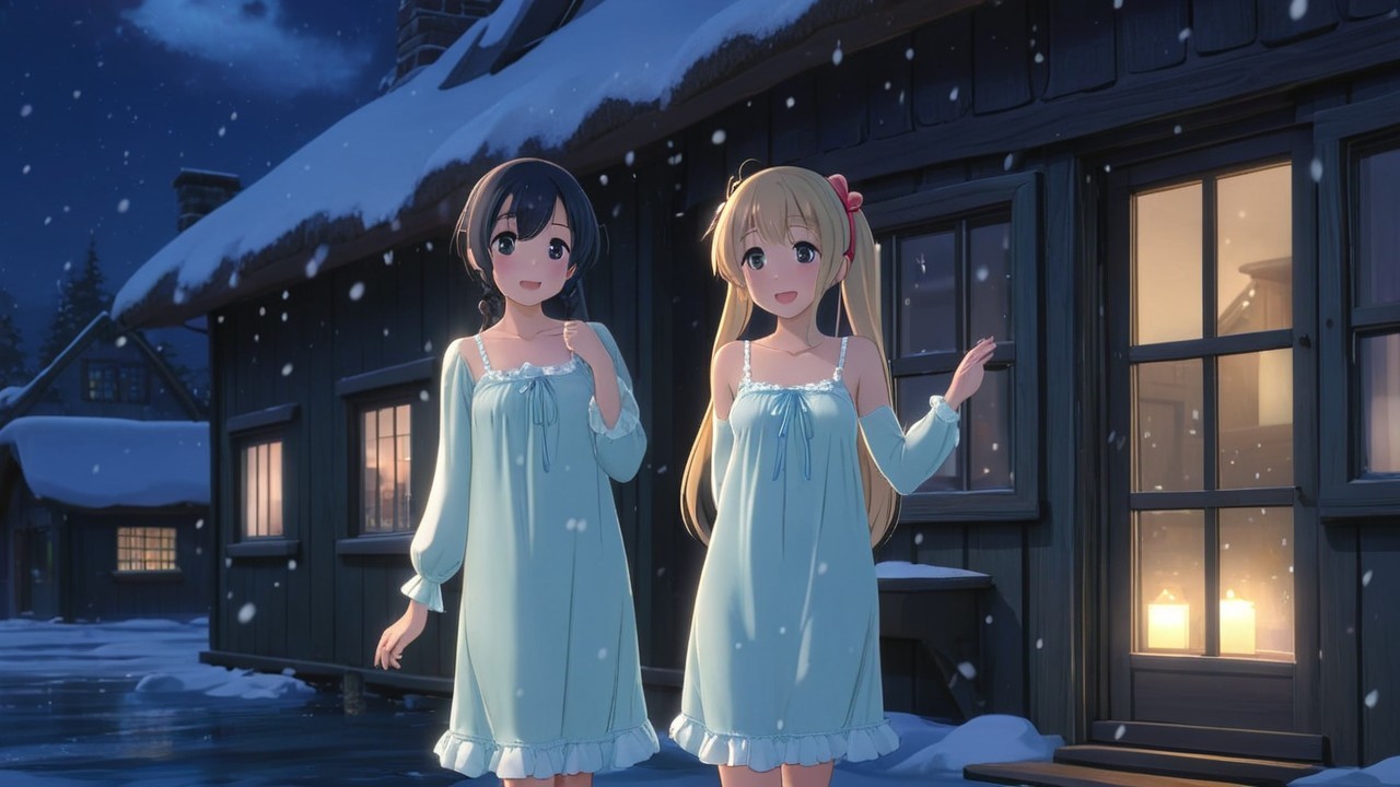 Young Women in Nightgowns by Snowy Cabin