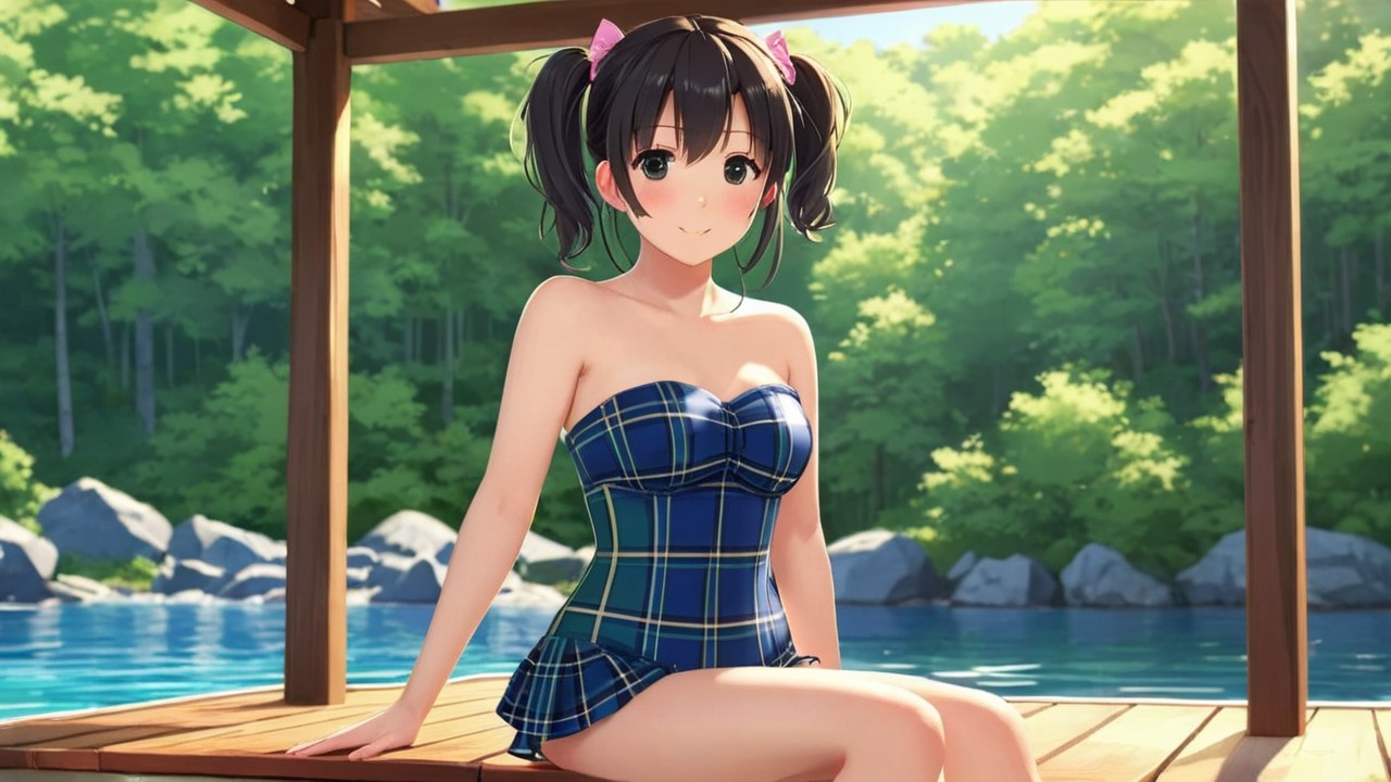 Young girl in blue swimsuit by serene lake dock