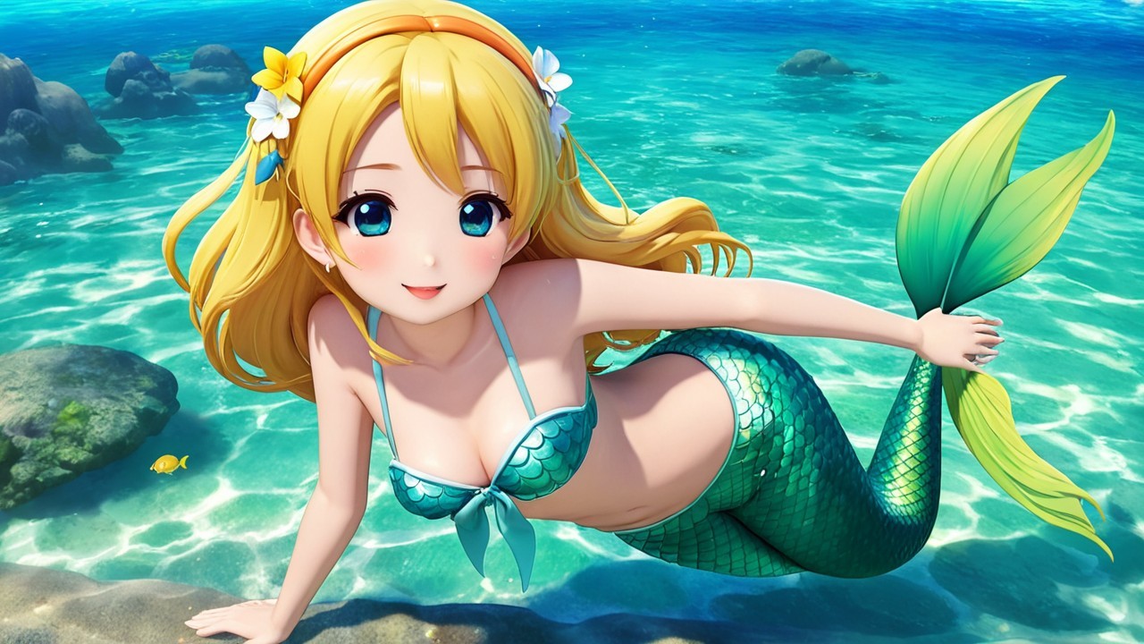 Cheerful mermaid swimming in turquoise waters