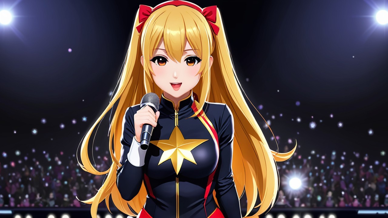 Anime Character on Stage with Microphone and Costume