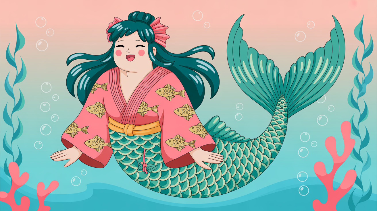 Mermaid Illustration with Coral Kimono and Teal Tail