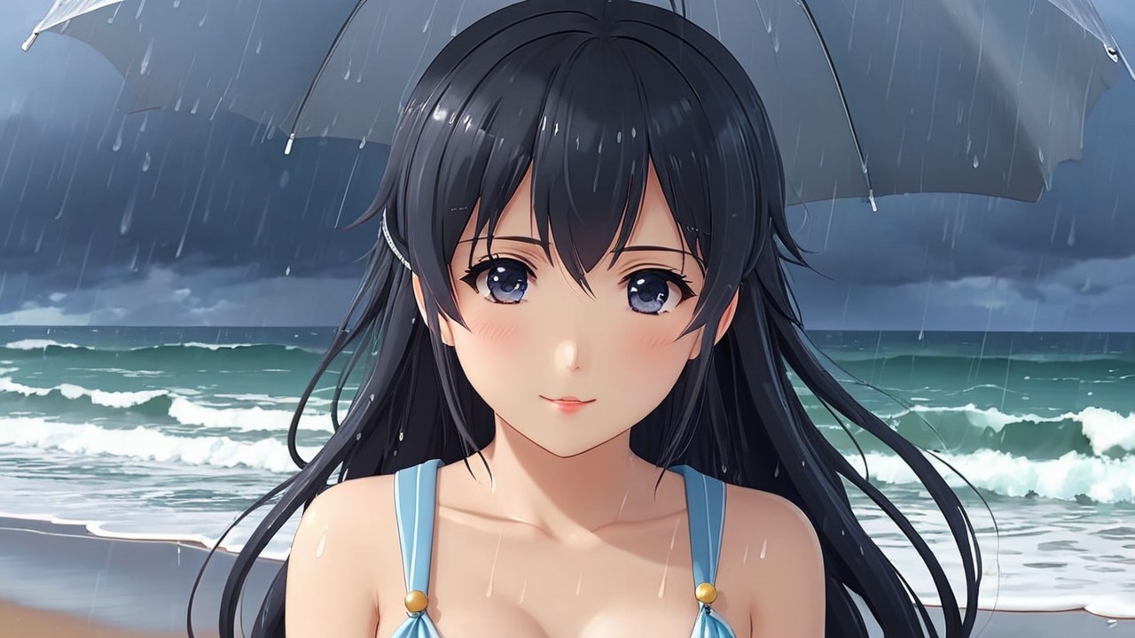 Young woman on beach with umbrella in rainstorm