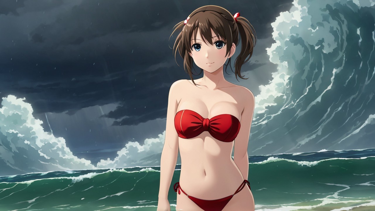 Young woman in red bikini at stormy beach scene