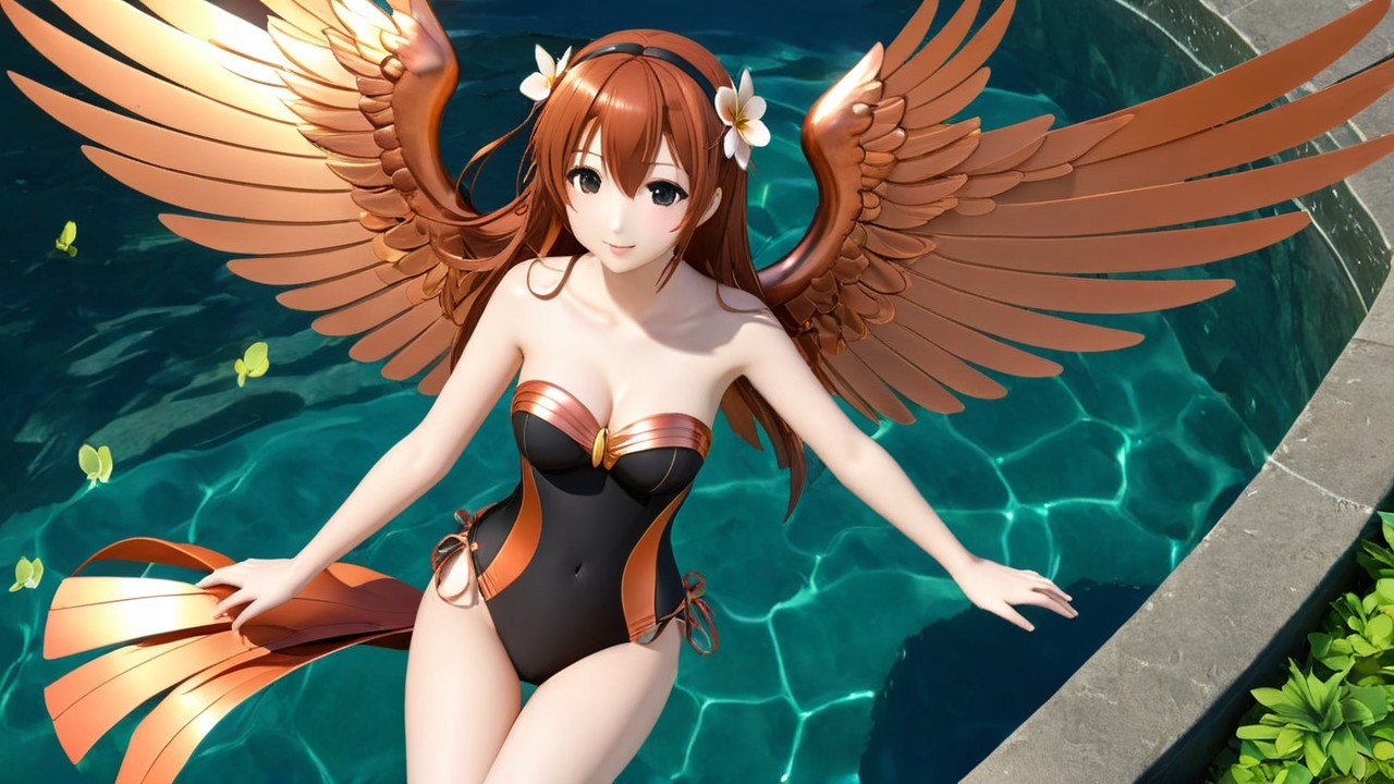 Character with Copper Wings by Sparkling Pool