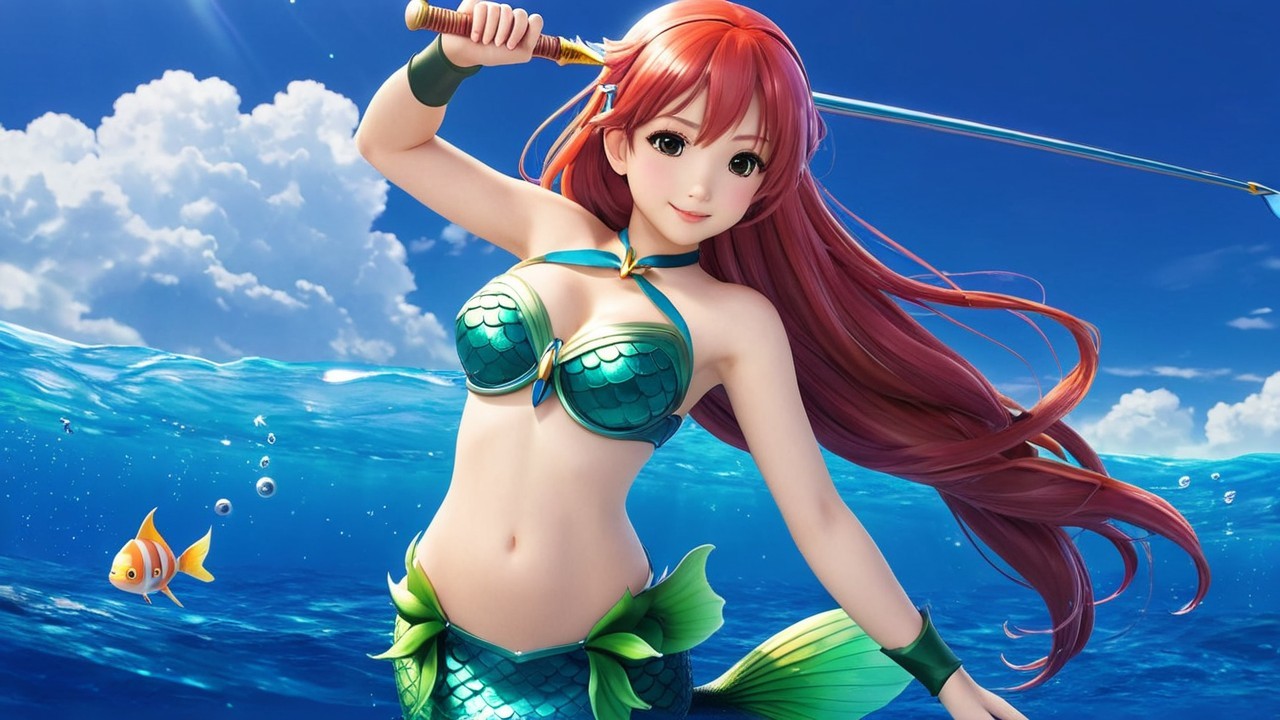 Mermaid with Red Hair in Vibrant Ocean Scene