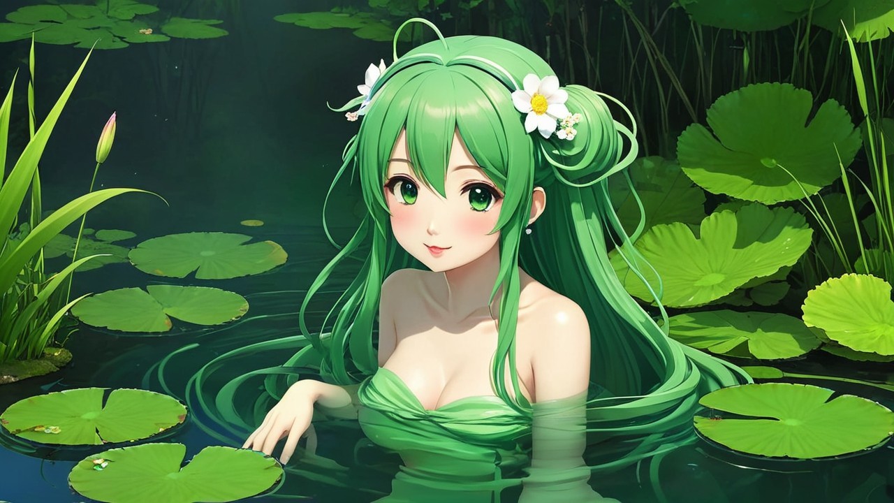 Serene Anime Girl in Tranquil Pond with Flowers