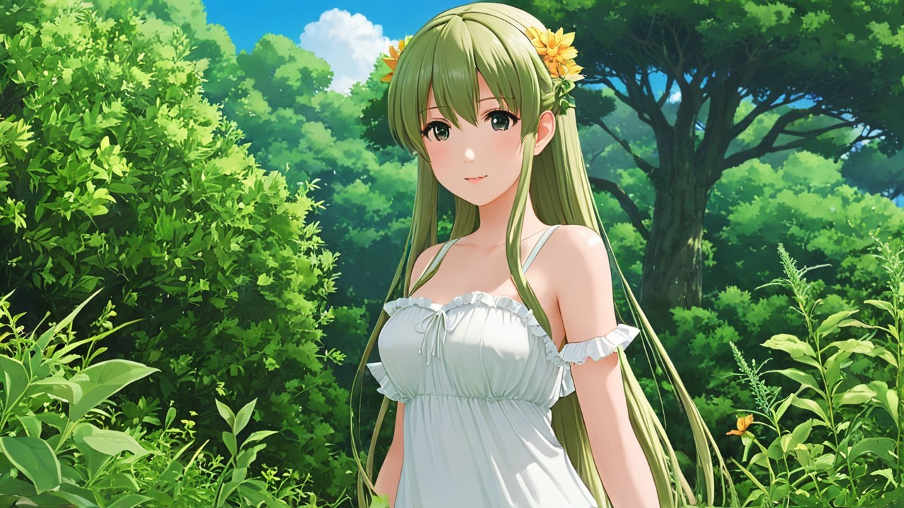 Young Woman with Green Hair in Serene Landscape